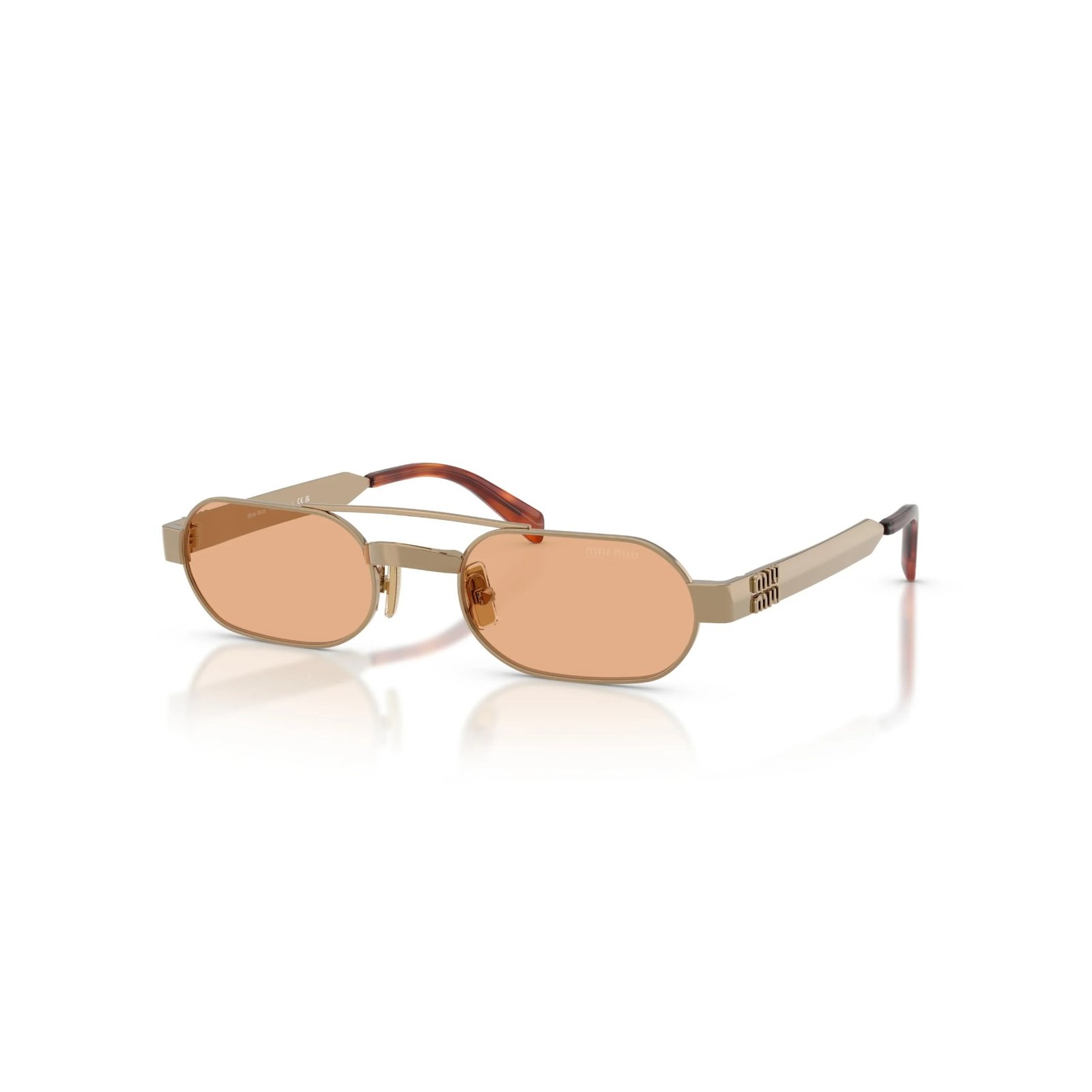 Miu Miu MU B52S 52 7OE90X Miu Miu MU B52S 52 7OE90X gold metal sunglasses with orange lenses, angled view