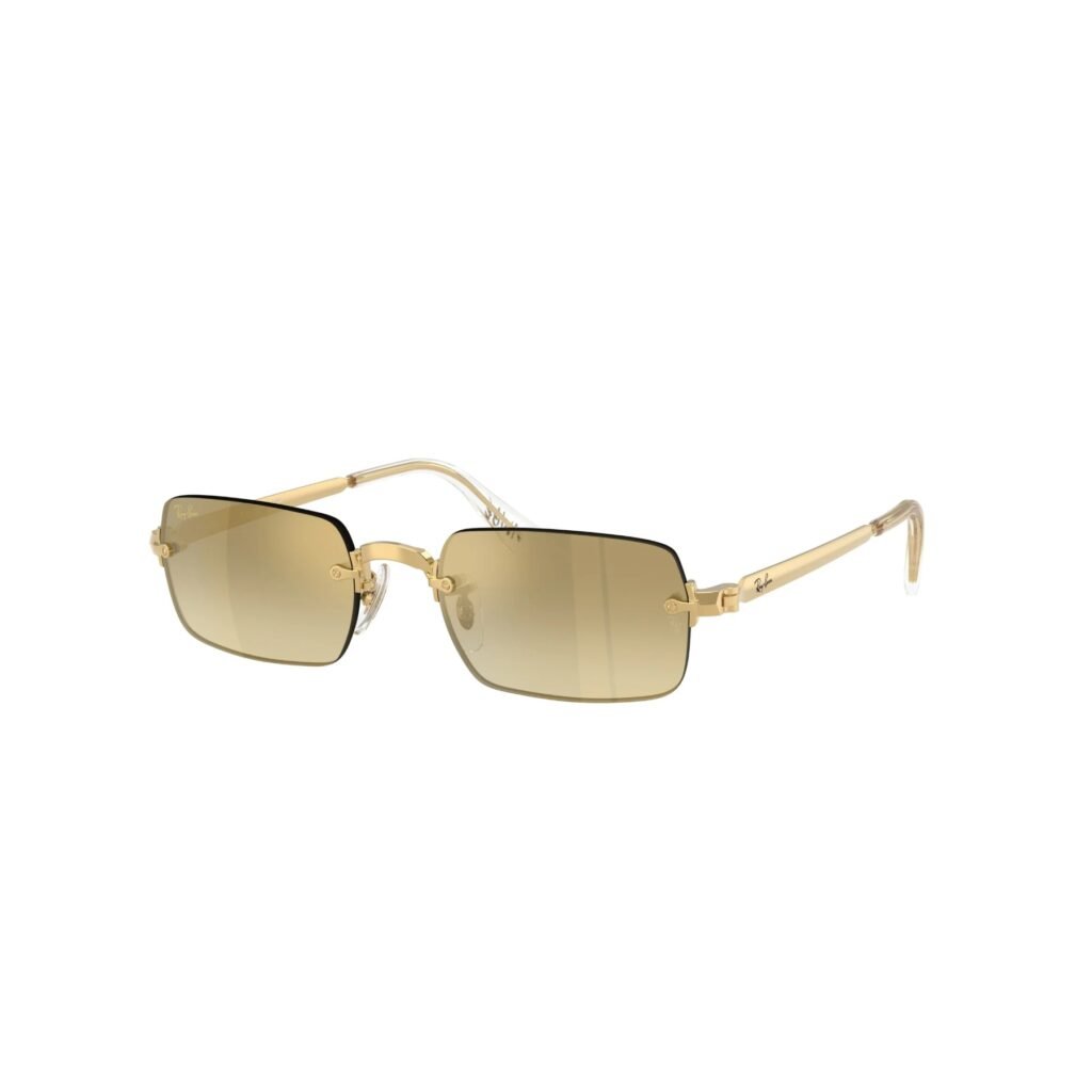 Ray-Ban × A$AP Rocky RB3928 54 001/7I arista gold rimless sunglasses with brown gradient mirror lenses, angled view