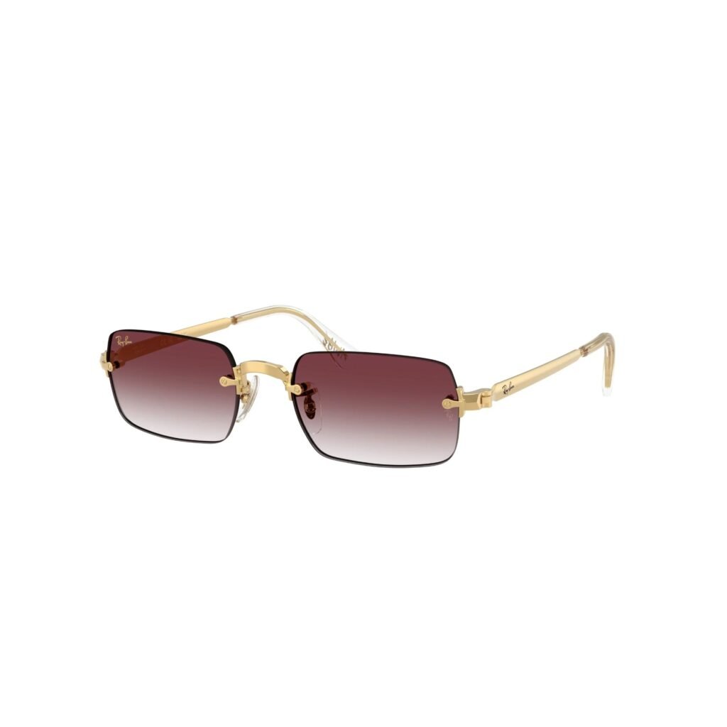 Ray-Ban × A$AP Rocky RB3928 54 001/8H arista gold rimless sunglasses with clear gradient dark violet lenses, angled view