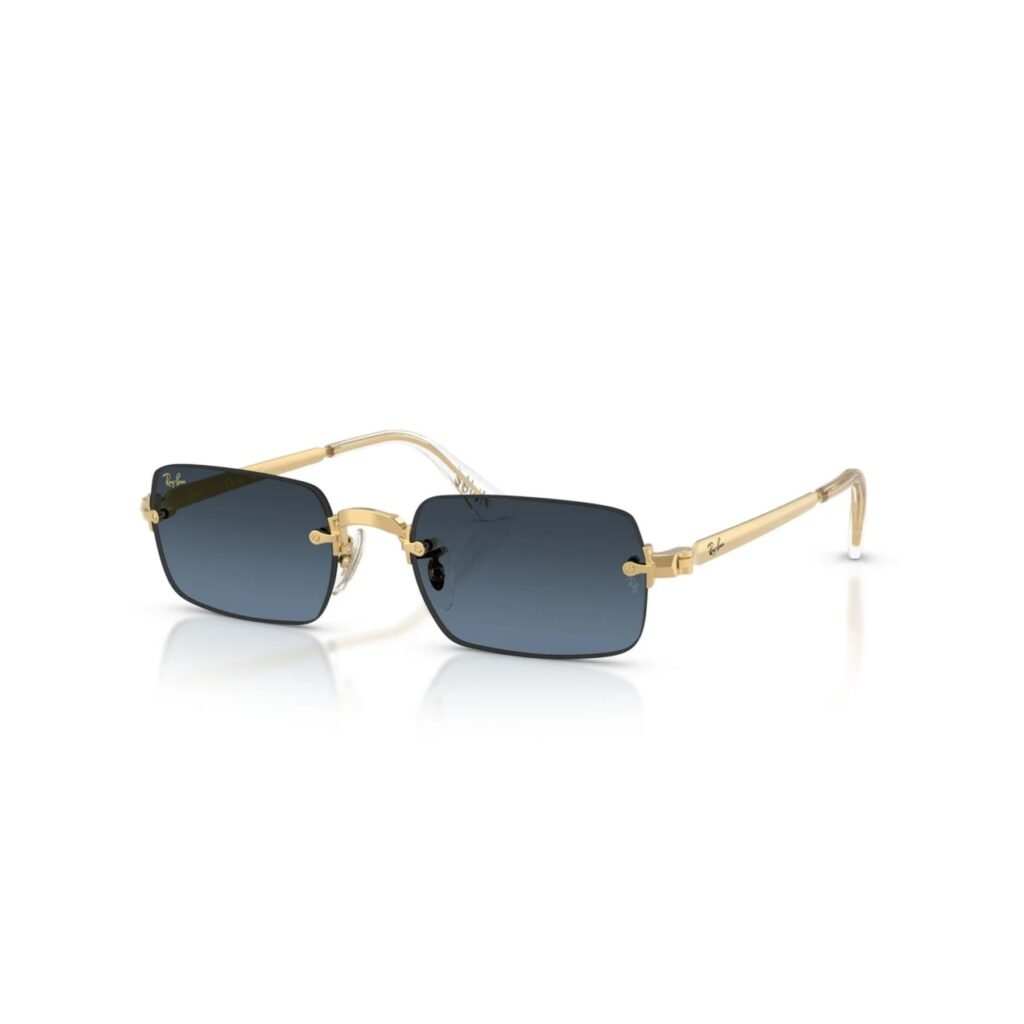 Ray-Ban × A$AP Rocky RB3928 54 001/S2 arista gold rimless sunglasses with blue gradient dark grey lenses, angled view