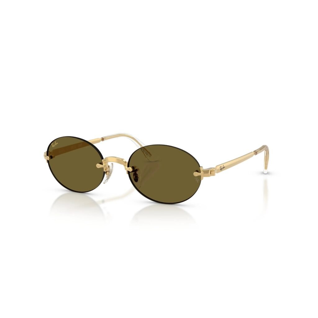 Ray-Ban × A$AP Rocky RB3929 54 001/73 arista gold oval sunglasses with dark brown lenses, angled view