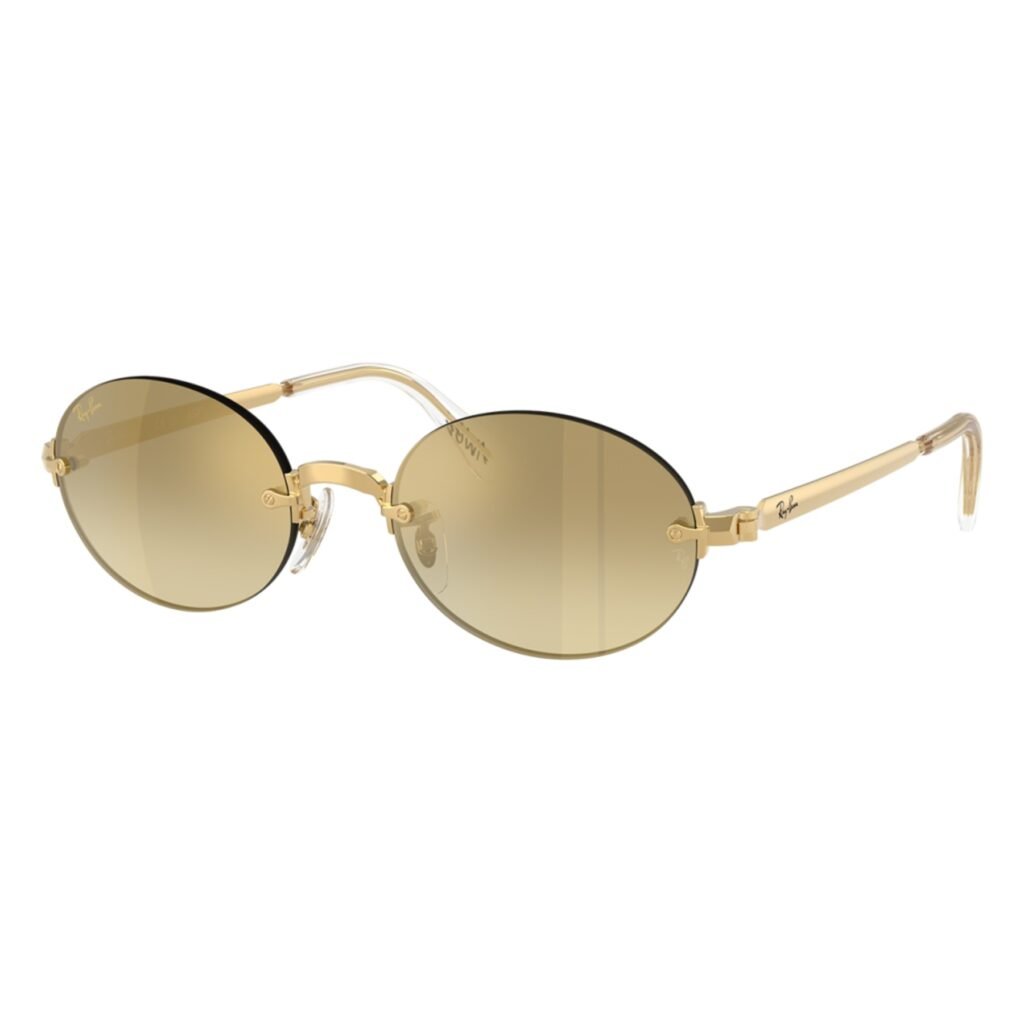 Ray-Ban × A$AP Rocky RB3929 54 001/7I arista gold oval sunglasses with brown mirror gold gradient lenses, angled view