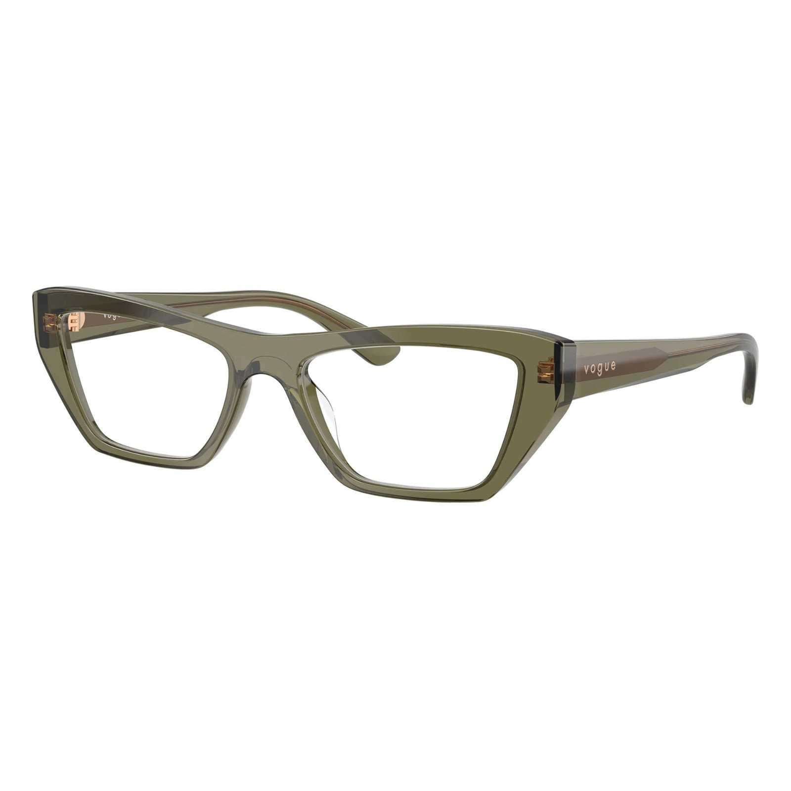 Vogue Eyewear VO5701U 53 3289 Vogue Eyewear VO5701U 53 3289 transparent olive green cat-eye eyeglasses, angled view